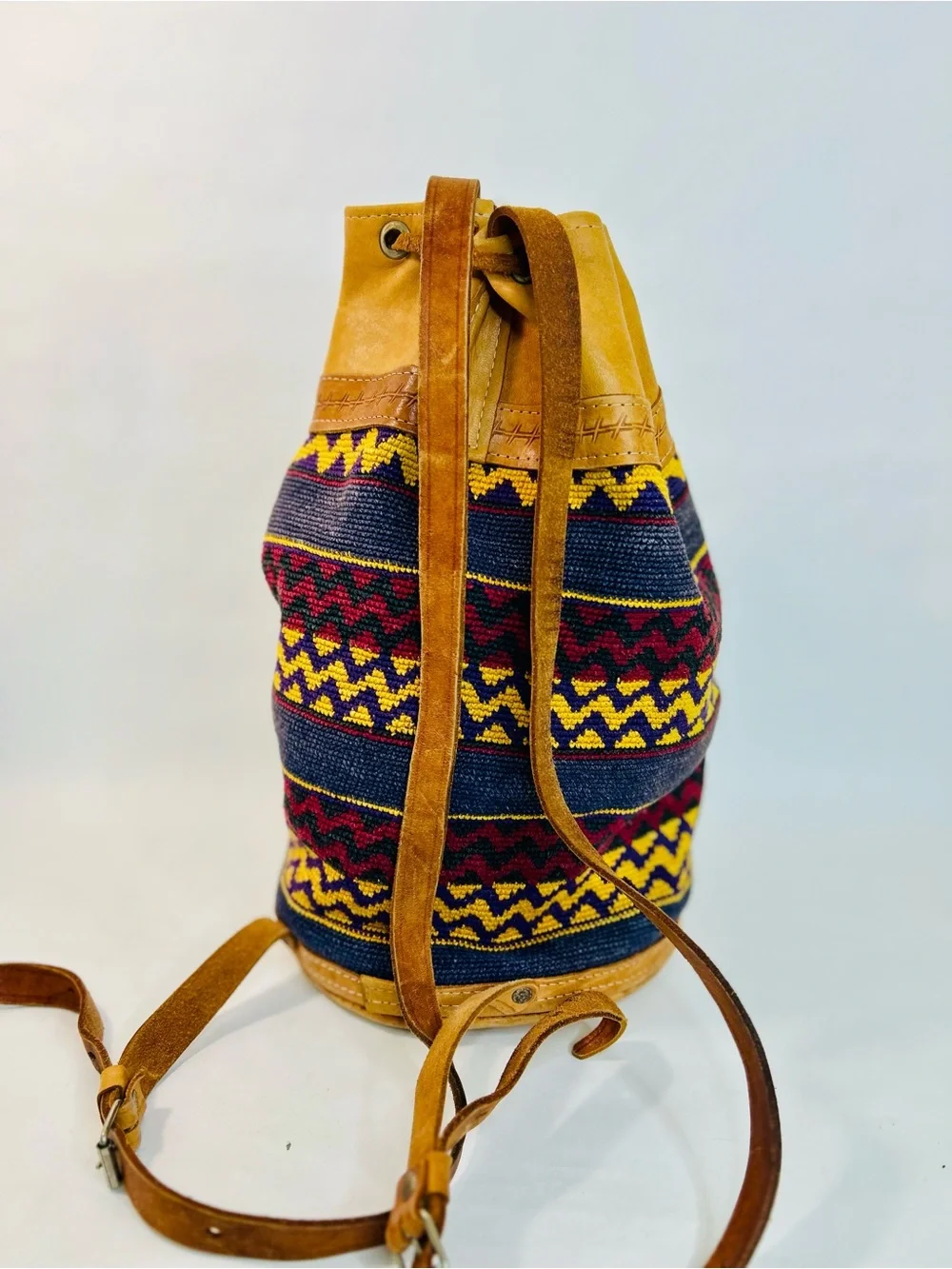 Vintage Handwoven Kilim Backpack Bucket Bag, Drawstring, Tribal Pattern, Leather